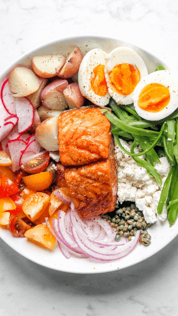 close up of maple smoked salmon salad