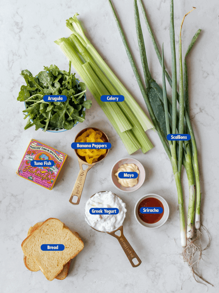 labeled ingredients for Spicy tuna salad sandwich