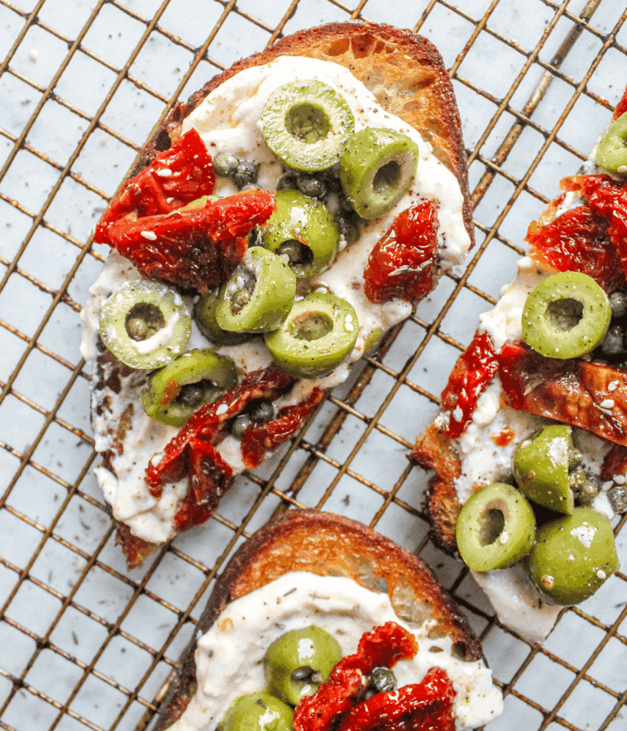 close up of mediterranean ricotta toast