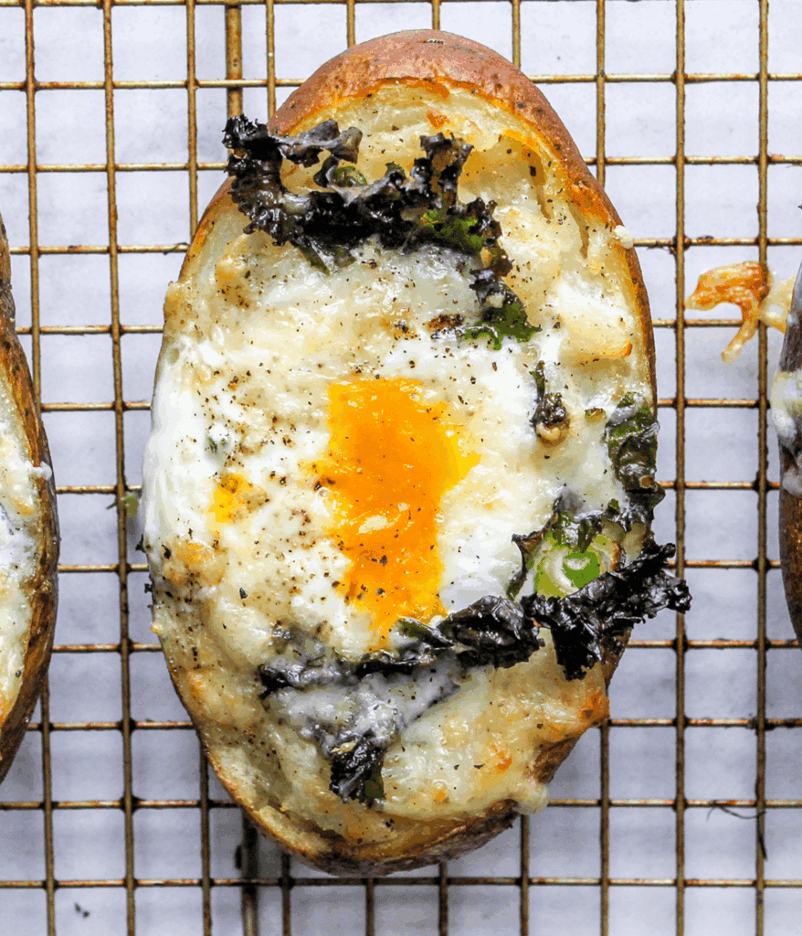 close up of kale breakfast baked potato