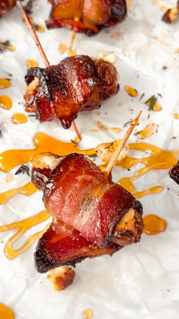 close up of a goat cheese bacon wrapped date