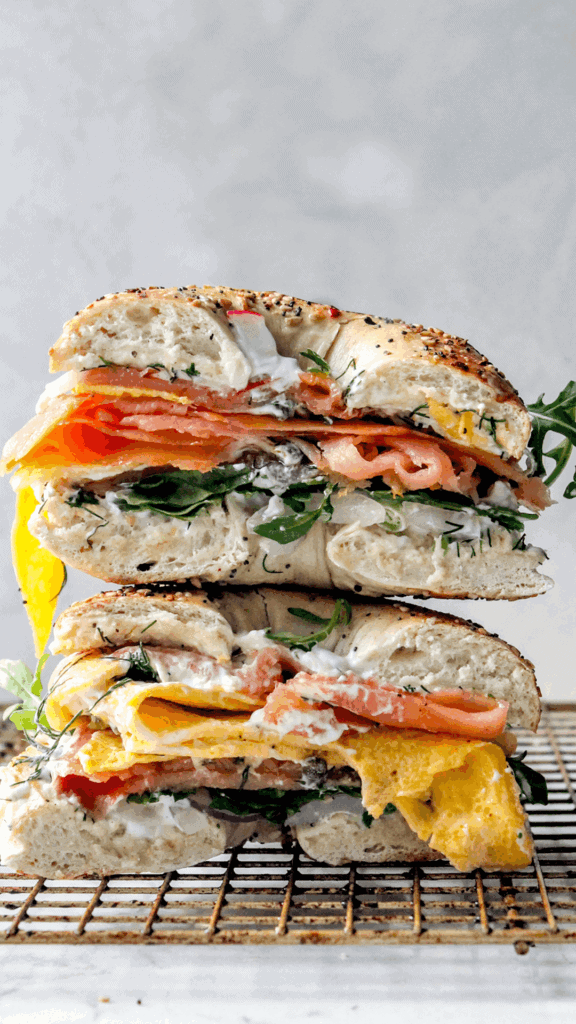 stacked smoked salmon egg sandwich