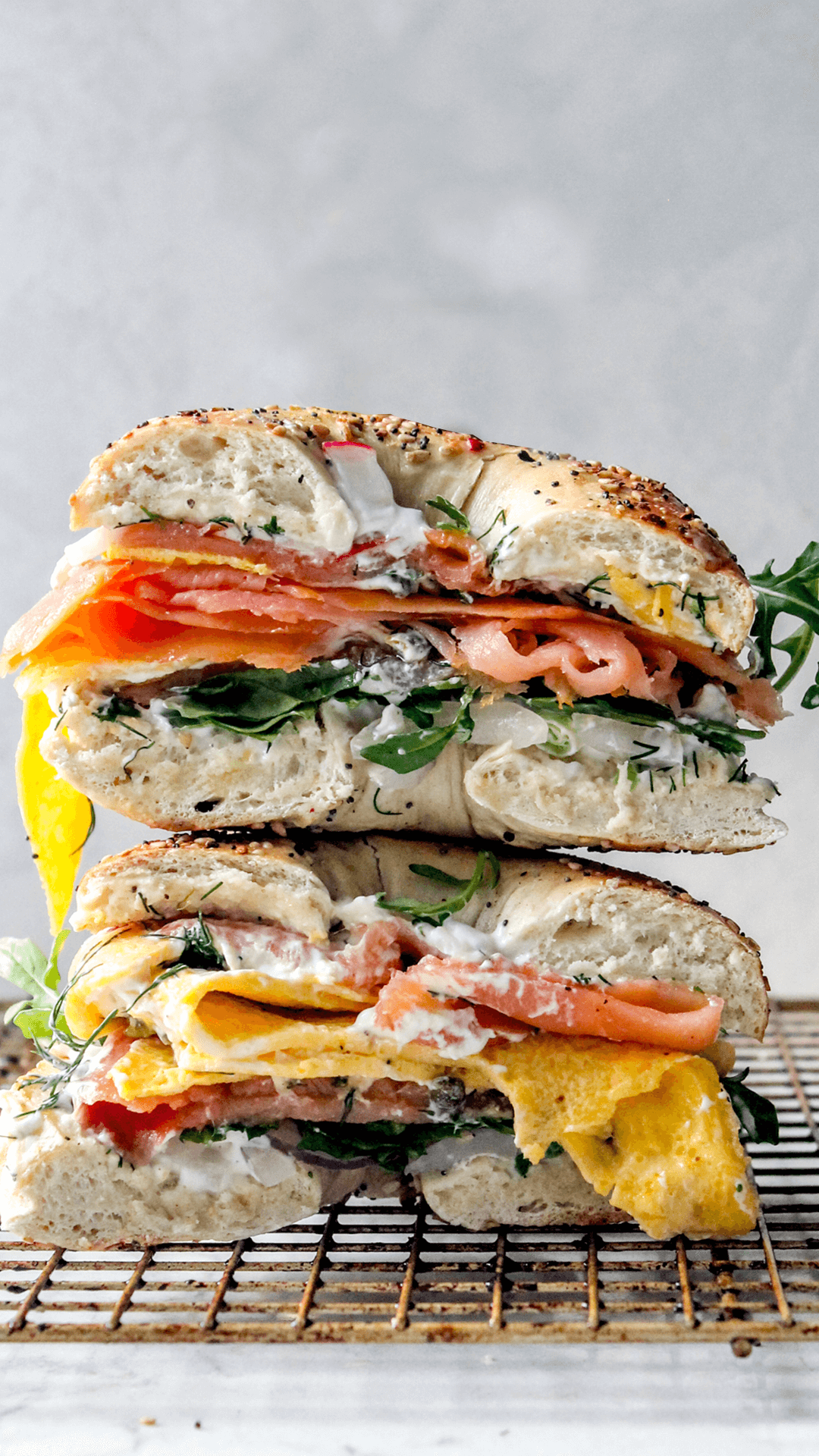 stacked smoked salmon egg sandwich