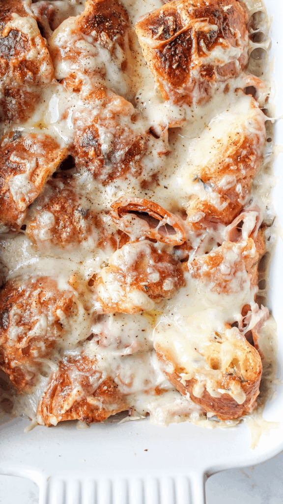 close up of ham and cheese croissant breakfast bake