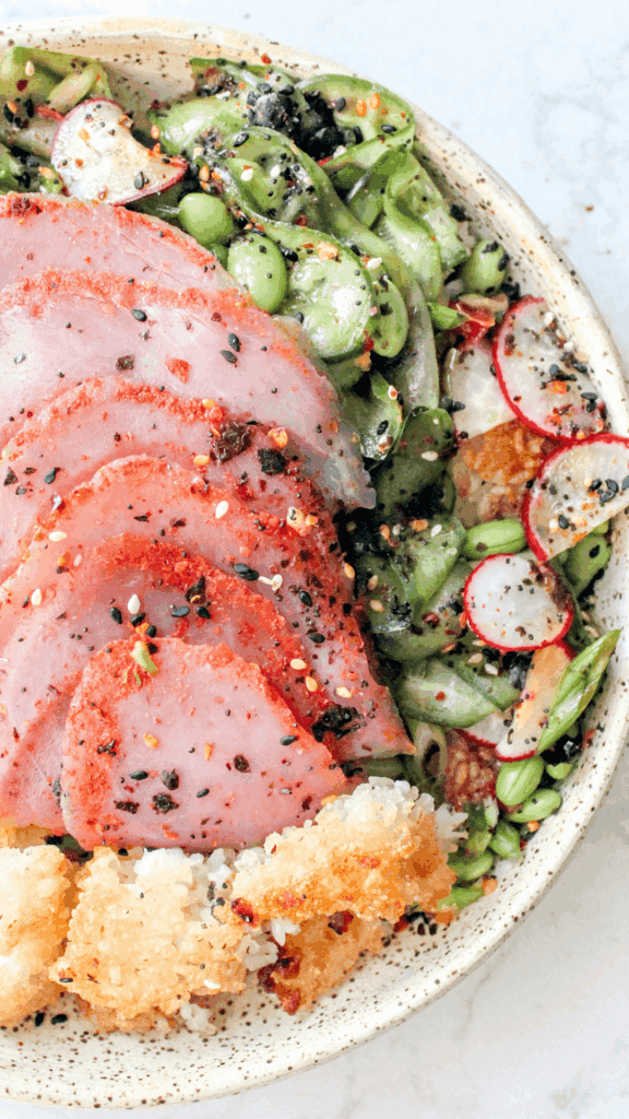 close up of spicy tuna crispy rice bowl