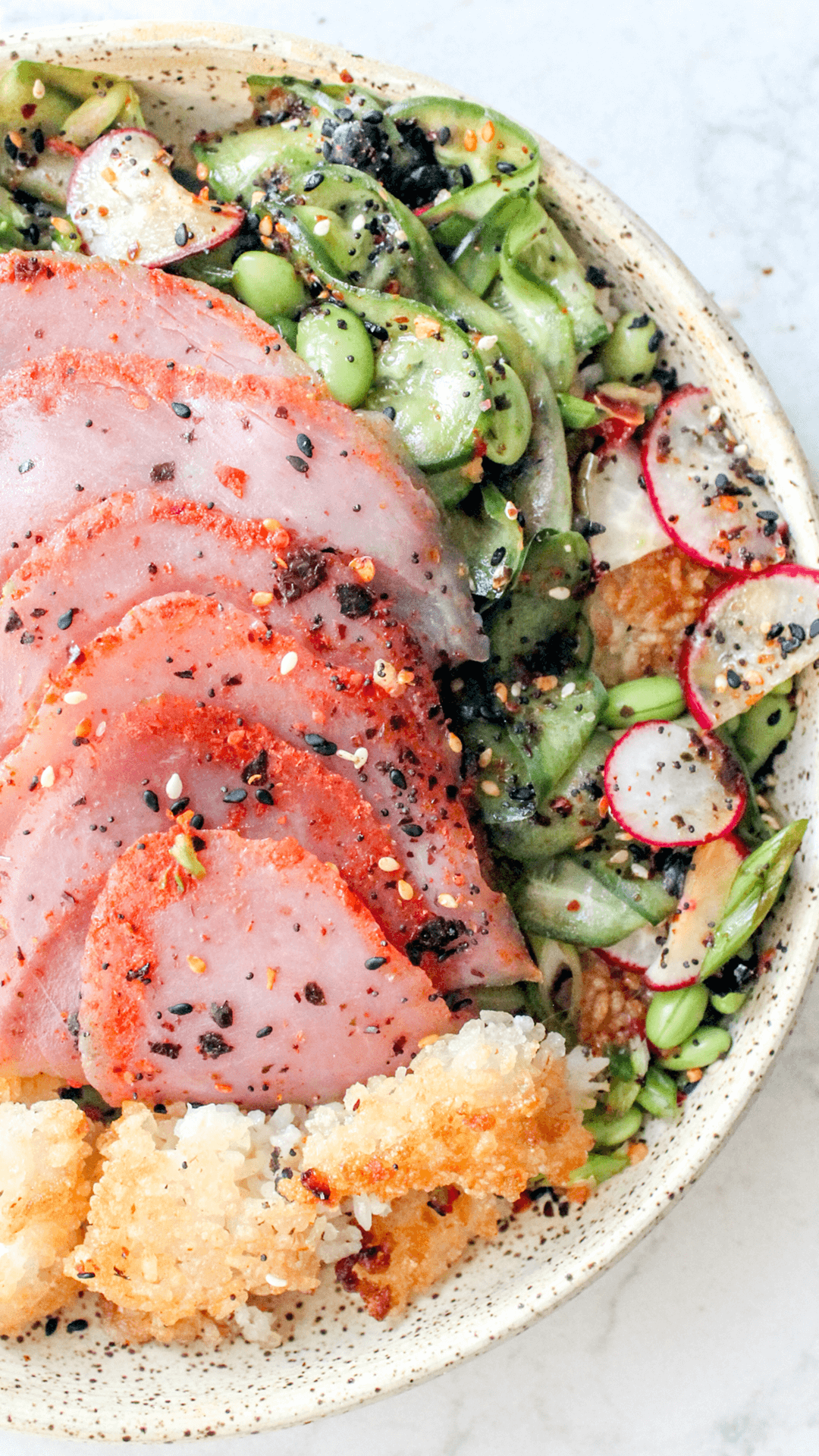close up of spicy tuna crispy rice bowl