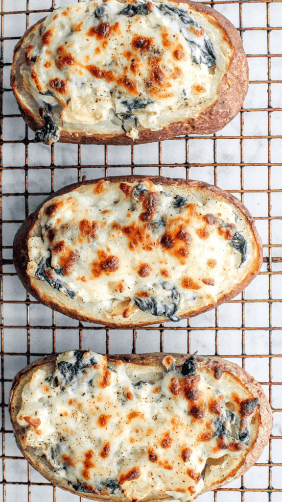 close up of Spinach Artichoke Twice Baked Potatoes