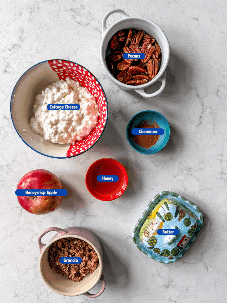 labeled ingredients for apple pie cottage cheese breakfast bowl