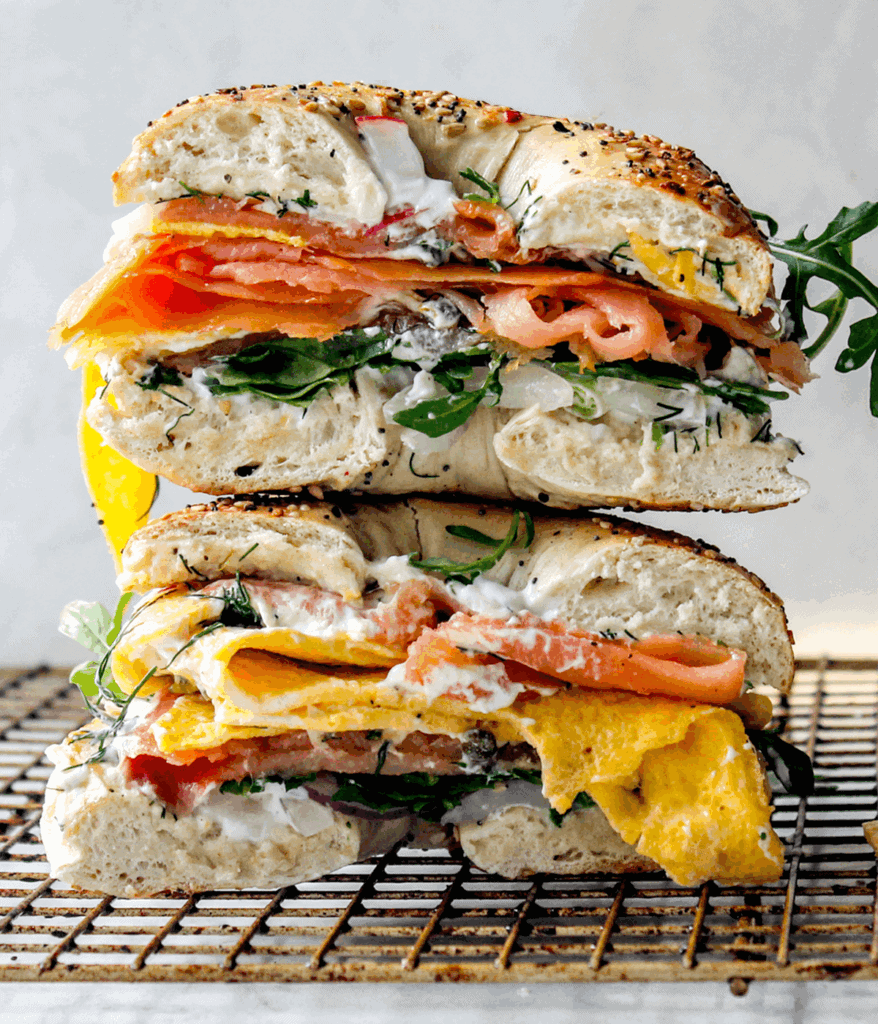 stacked smoked salmon egg sandwich