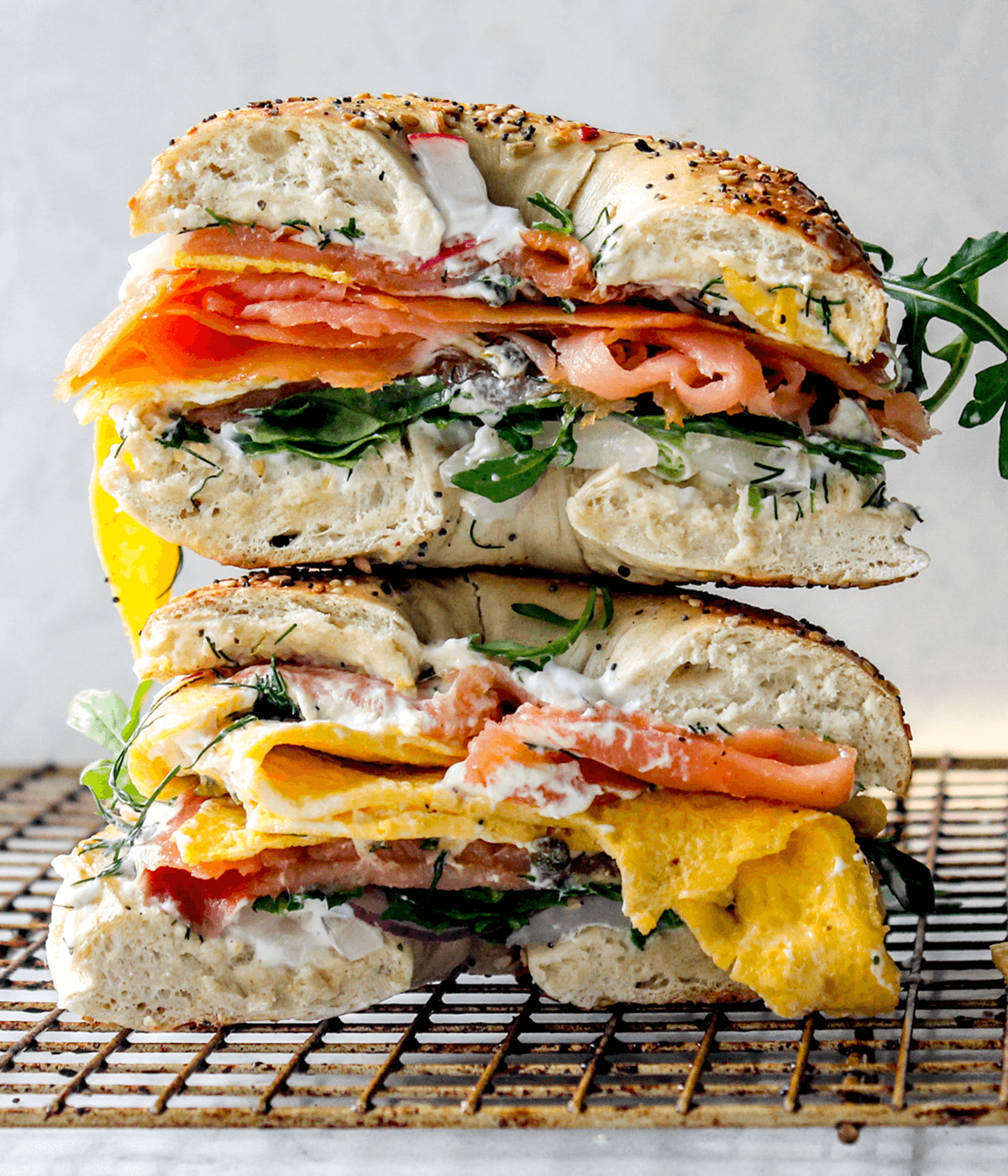 stacked smoked salmon egg sandwich