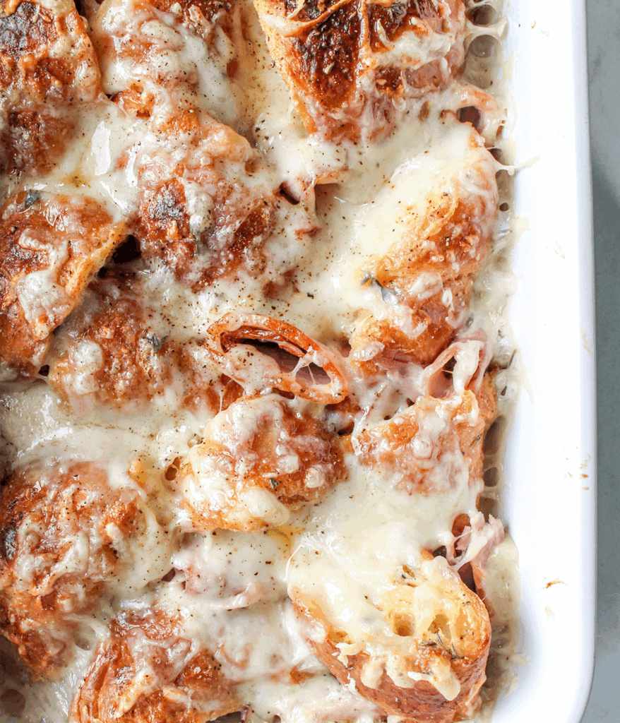 close up of ham and cheese croissant breakfast bake