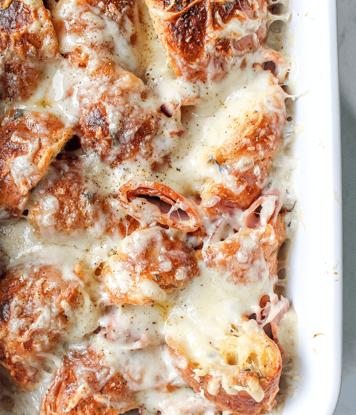 close up of ham and cheese croissant breakfast bake