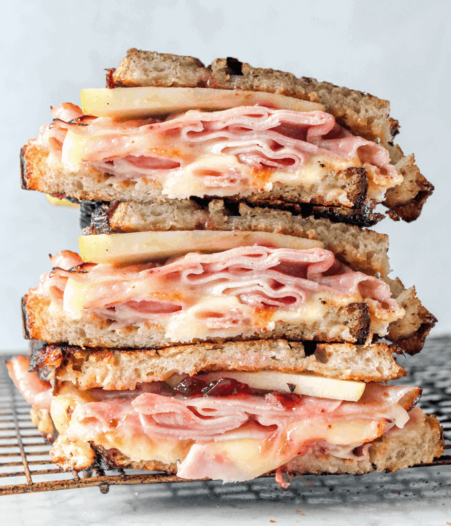 stacked fancy grilled ham and cheese 