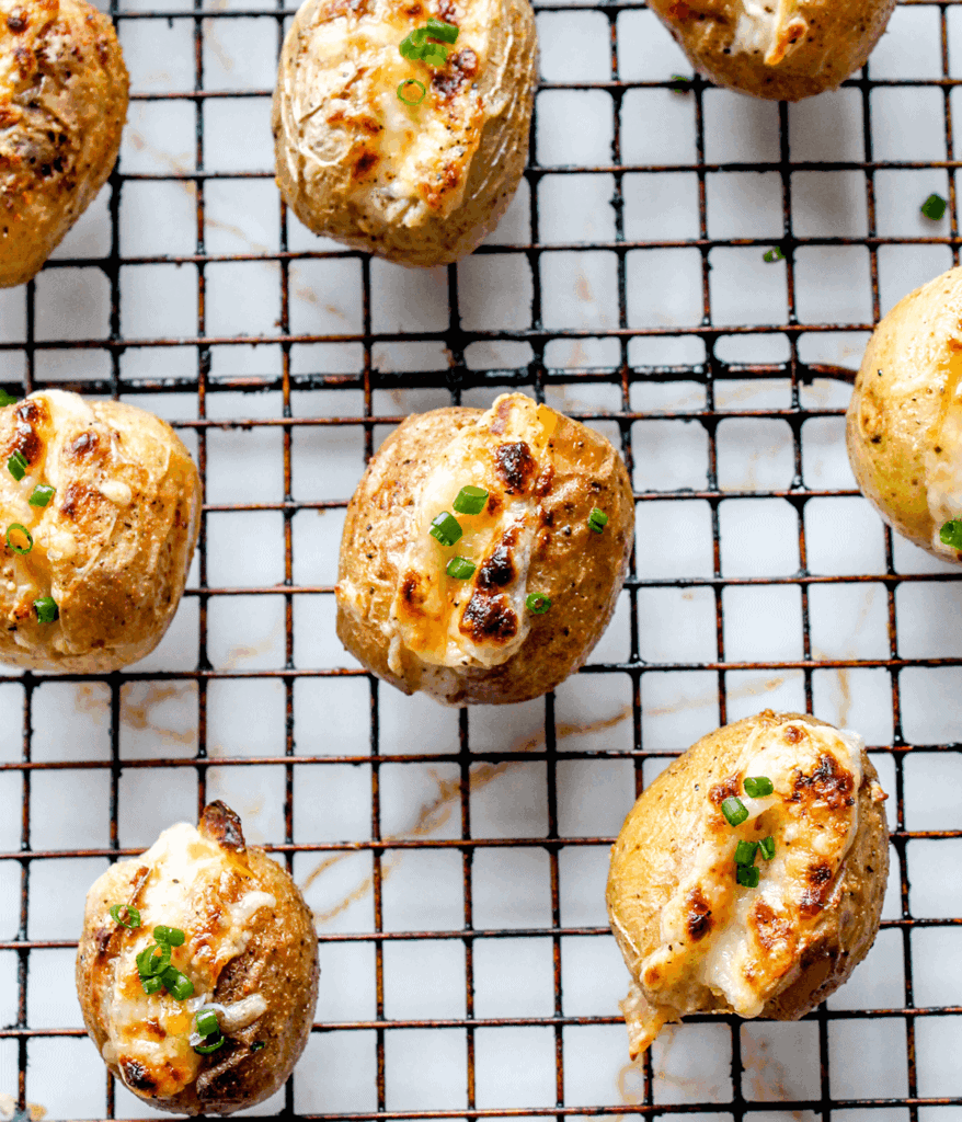 garlic confit mini potatoes on a baking rack