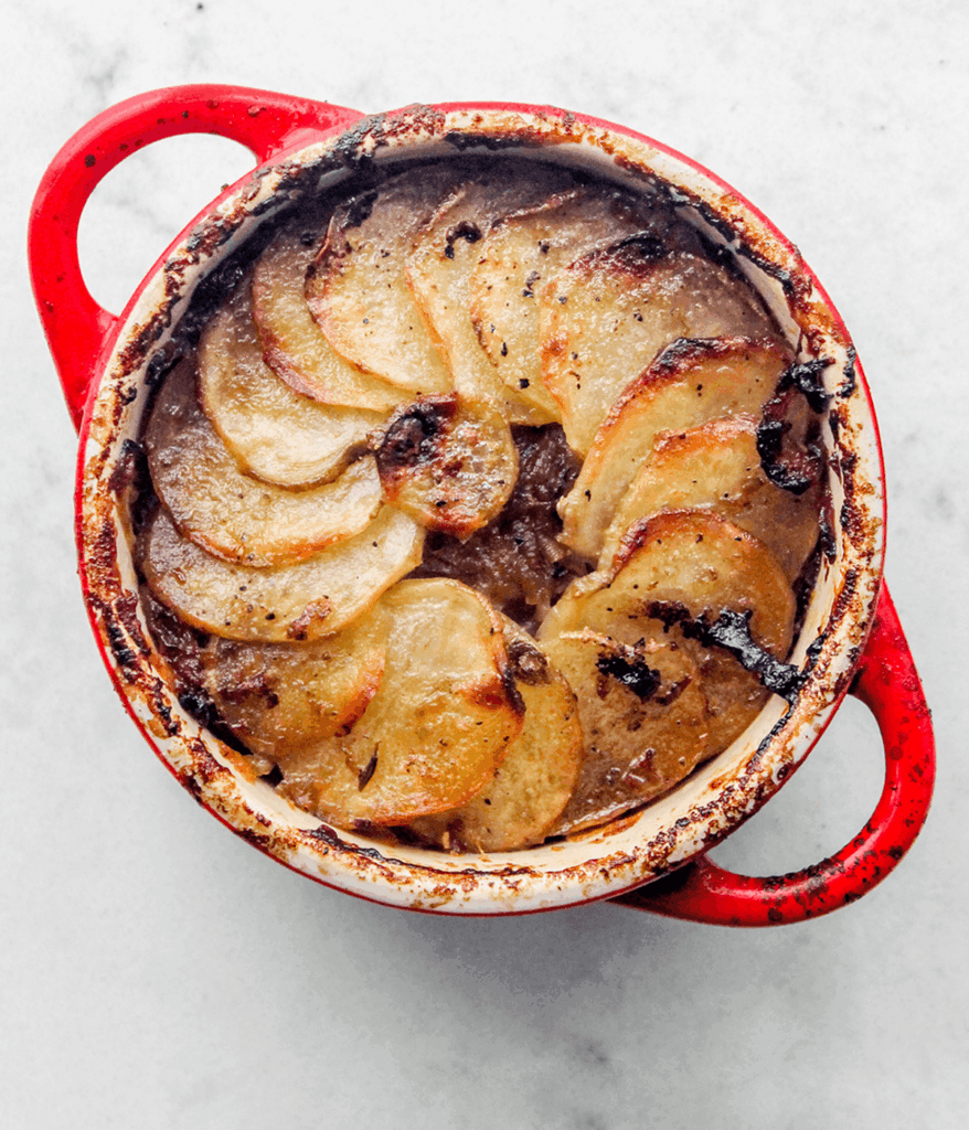 close up of cocotte french potatoes