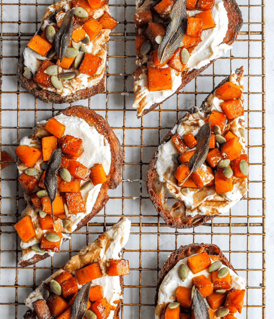 butternut squash crostini on baking sheet