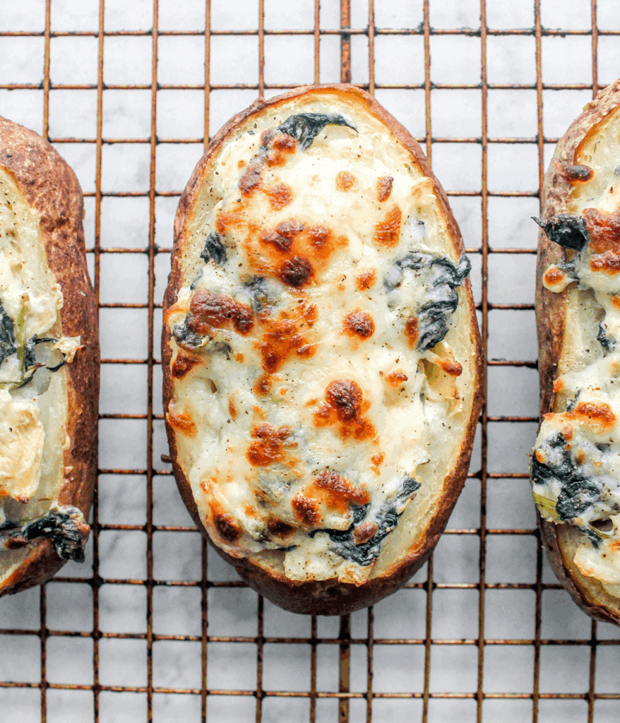 close up of Spinach Artichoke Twice Baked Potatoes