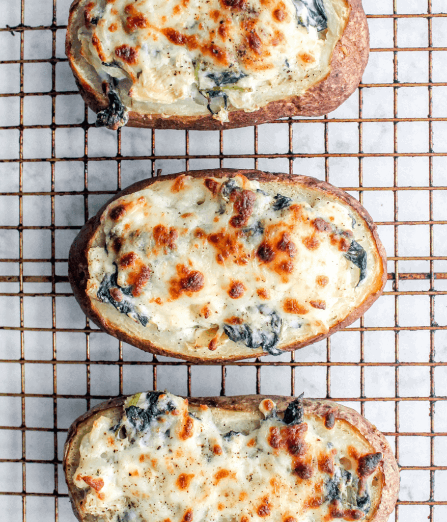 close up of Spinach Artichoke Twice Baked Potatoes