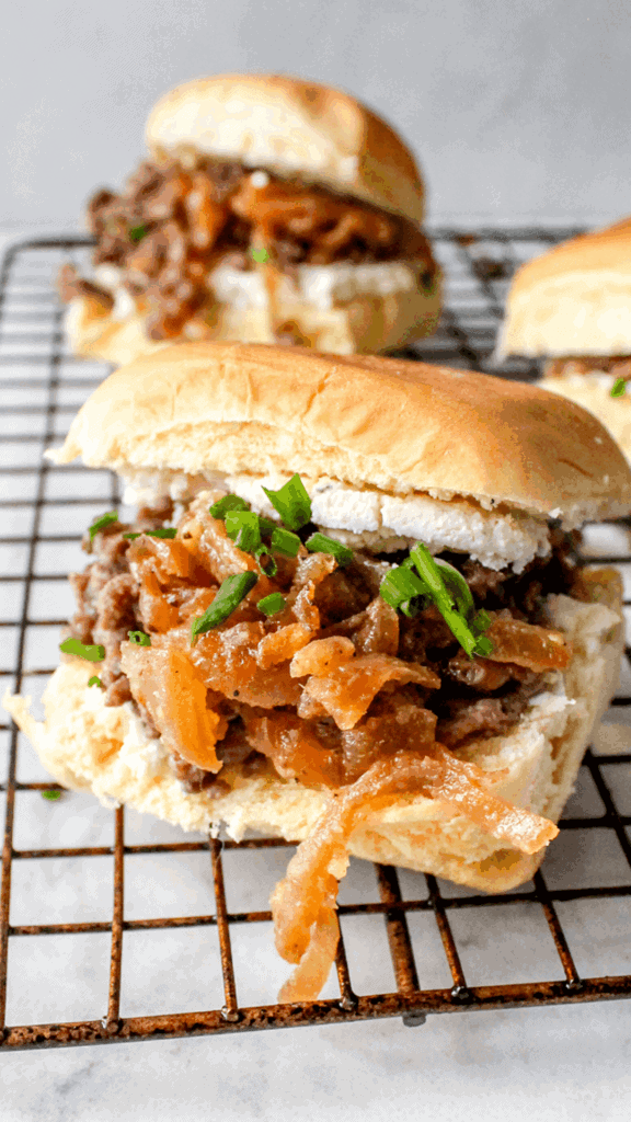 close up of french onion sliders