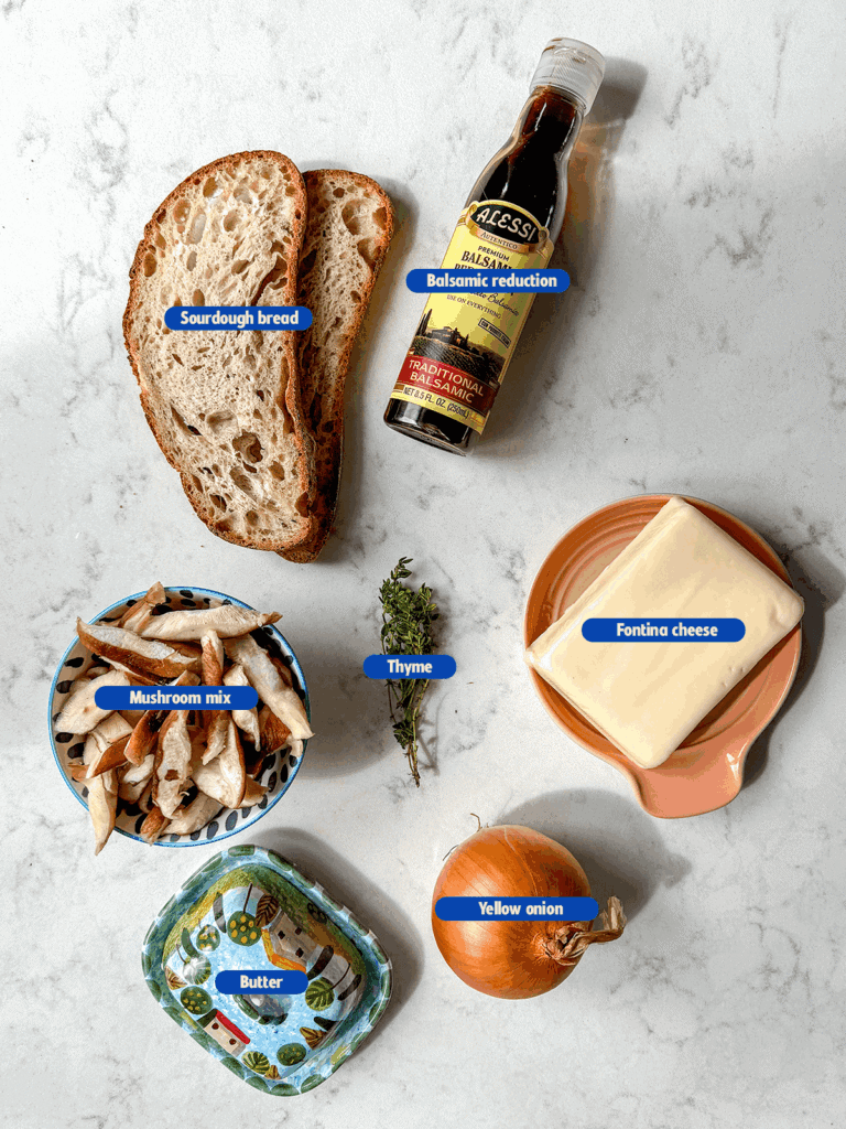 labeled ingredients for grilled cheese mushroom sandwich 