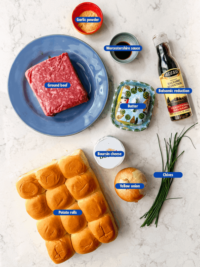 labeled ingredients for french onion beef sliders