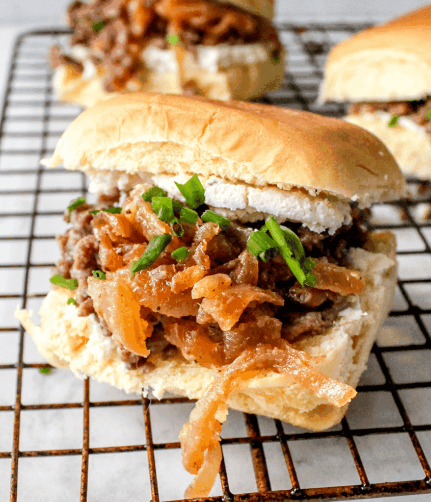 close up of french onion sliders
