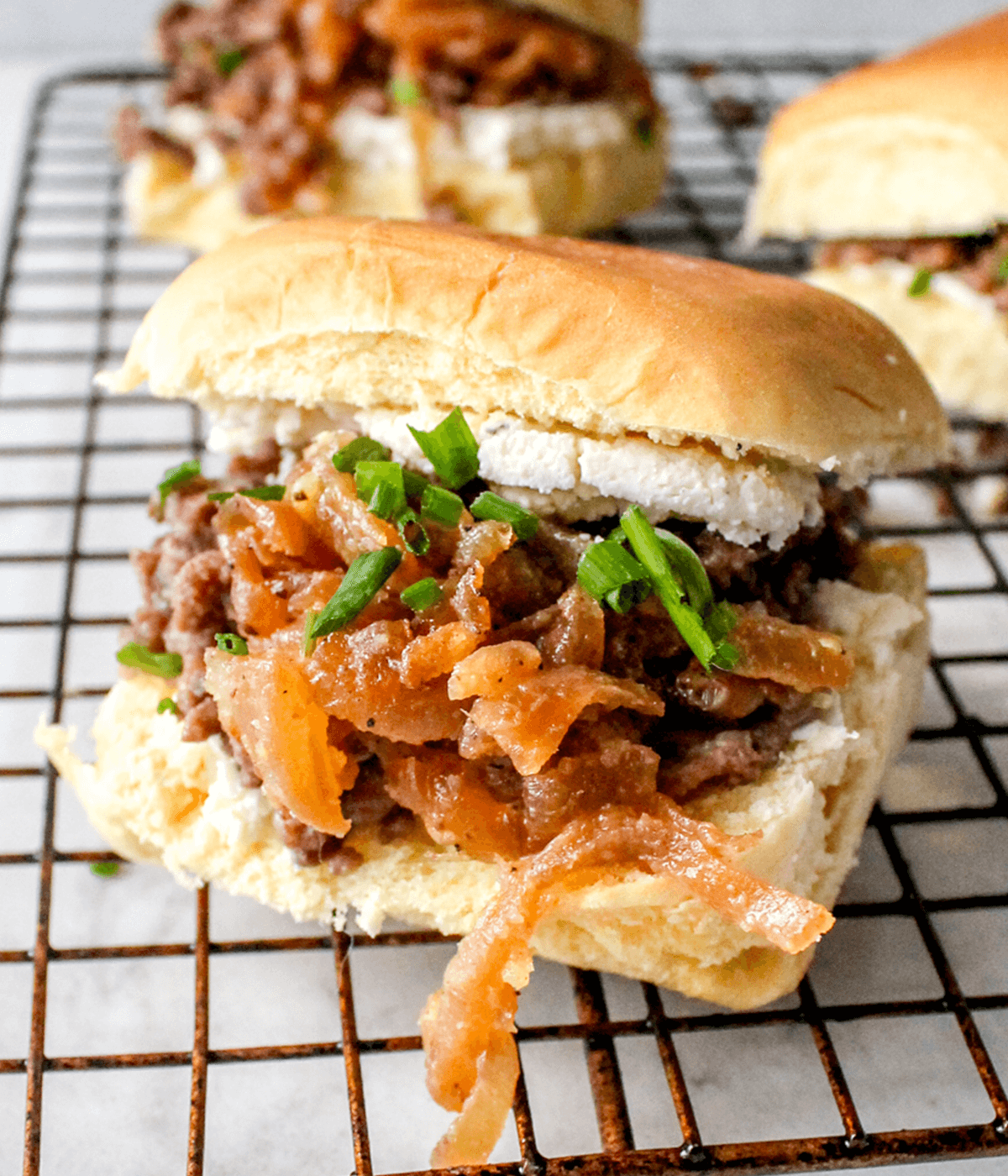 close up of french onion sliders