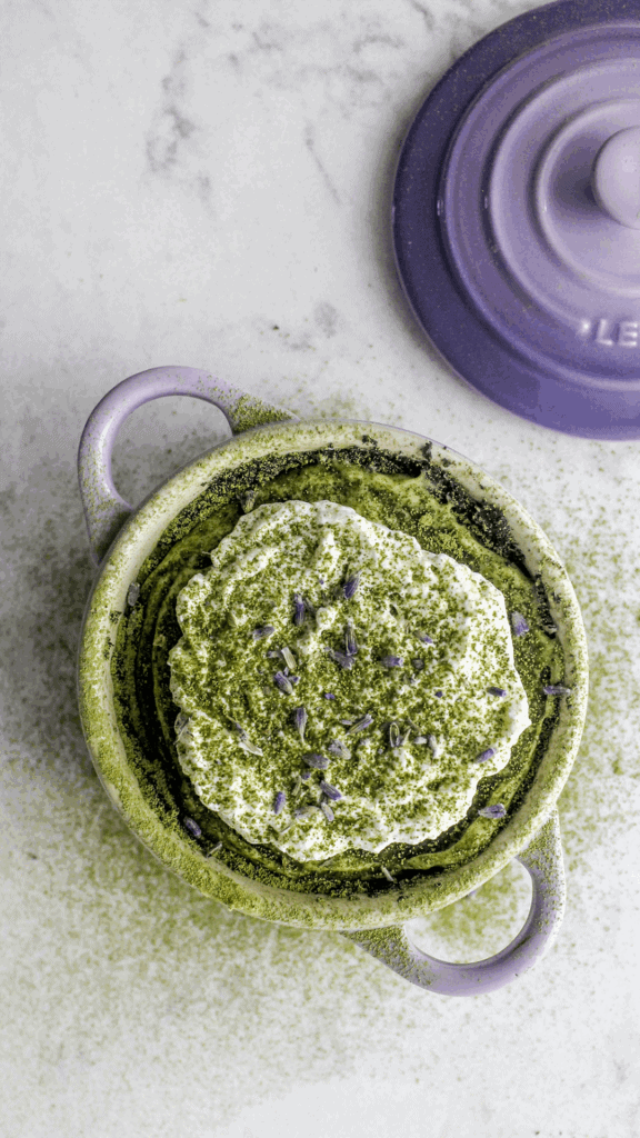 close up of a mini matcha cheesecake