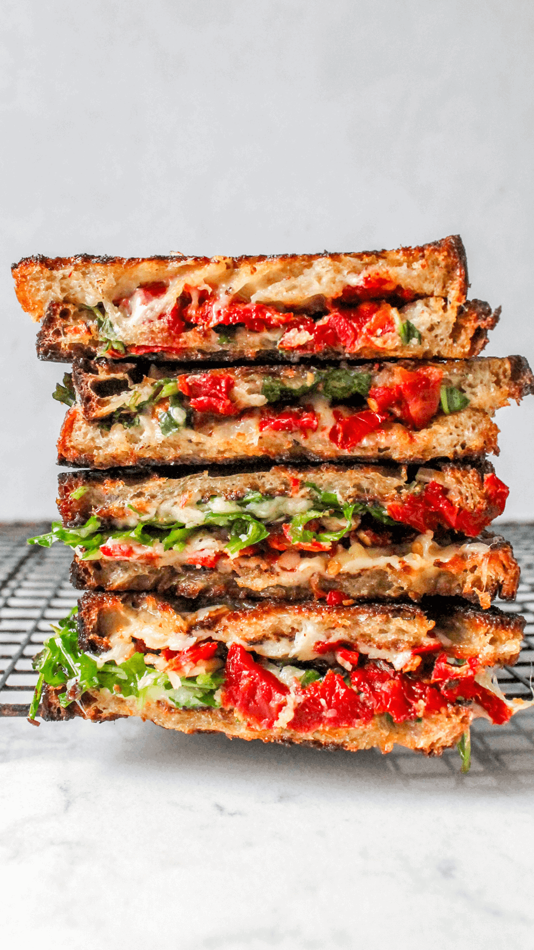 stacked sundried tomato grilled cheese sandwich
