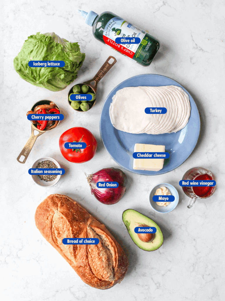 labeled ingredients of turkey grinder sandwich