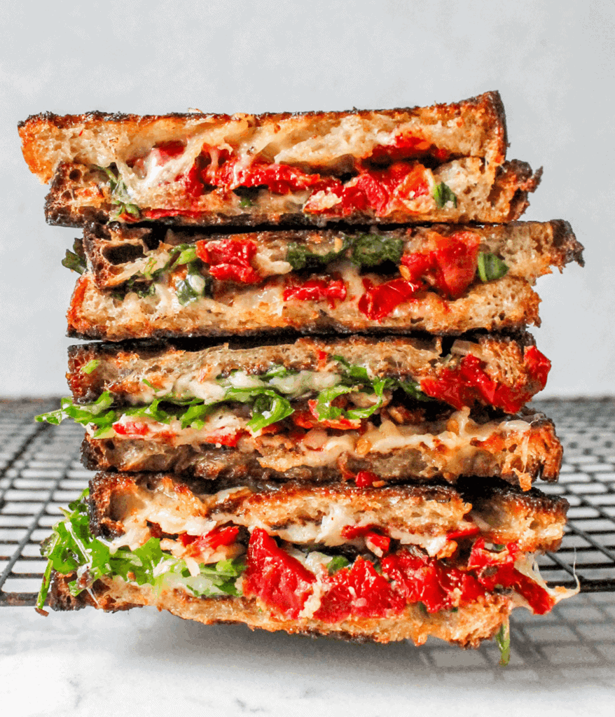 stacked sundried tomato grilled cheese sandwich