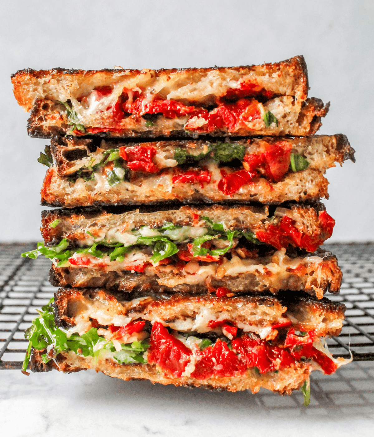 stacked sundried tomato grilled cheese sandwich