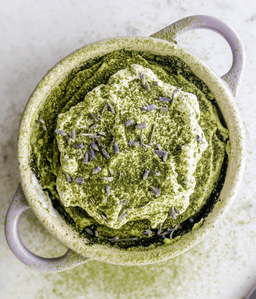 close up of a mini matcha cheesecake