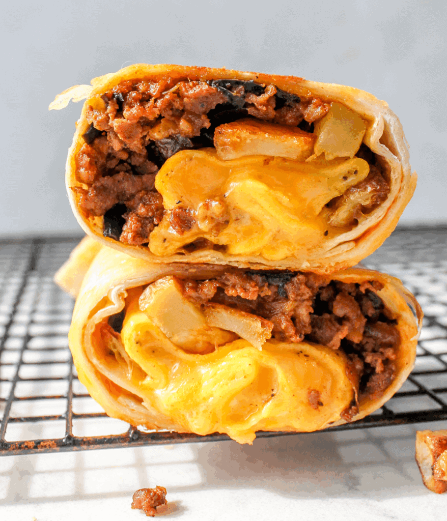 stacked chorizo breakfast burrito