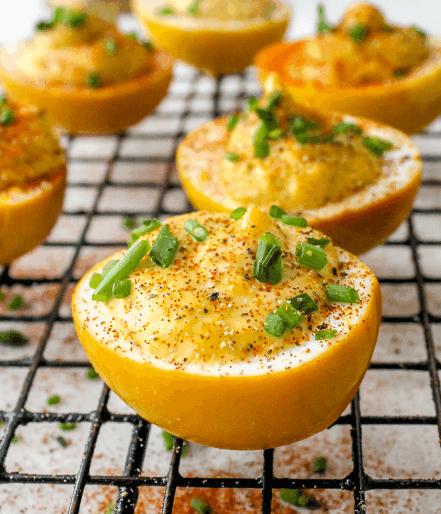 side profile of golden deviled eggs