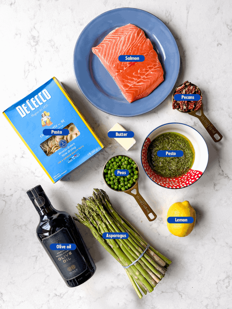 labeled ingredients for salmon pesto pasta