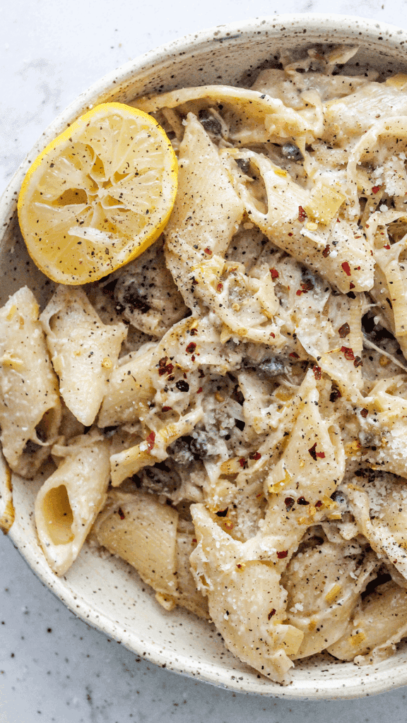close up of caramelized leek pasta
