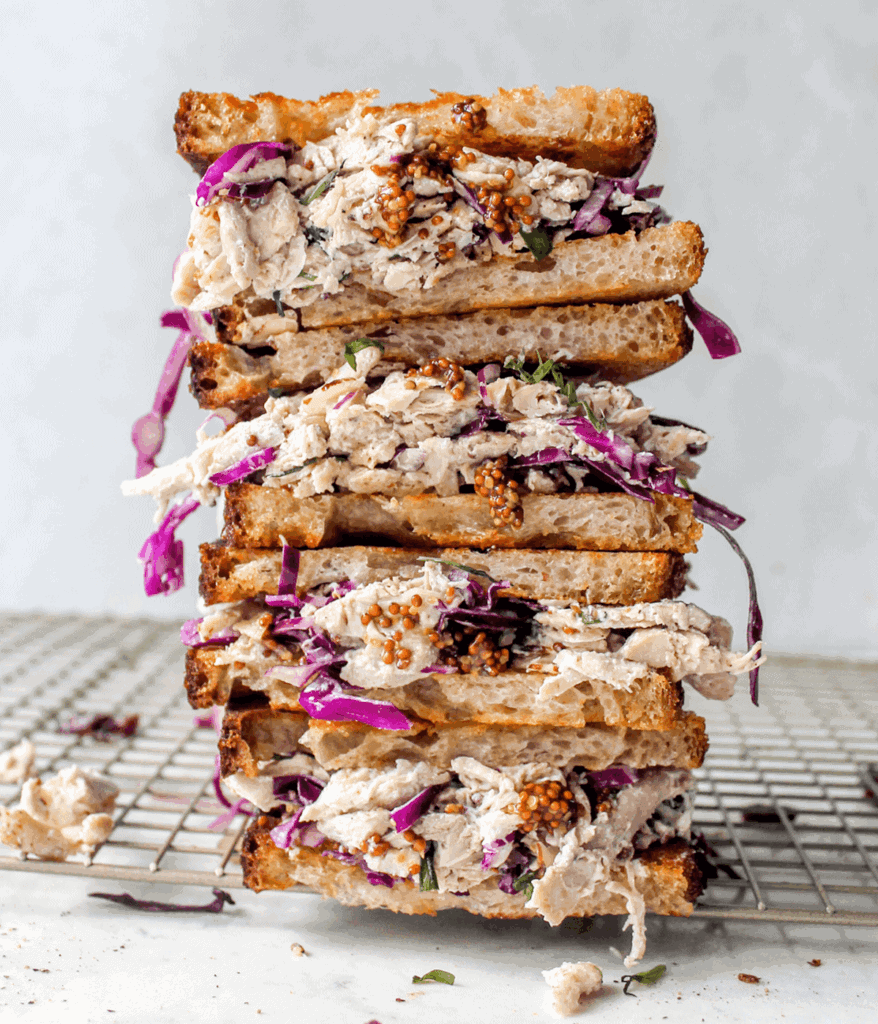 stacked tarragon lemon chicken salad sandwich