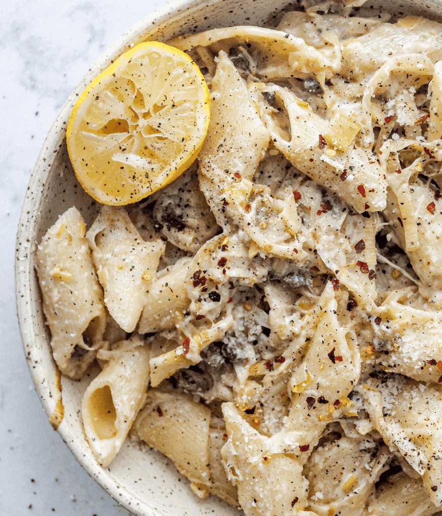 close up of caramelized leek pasta