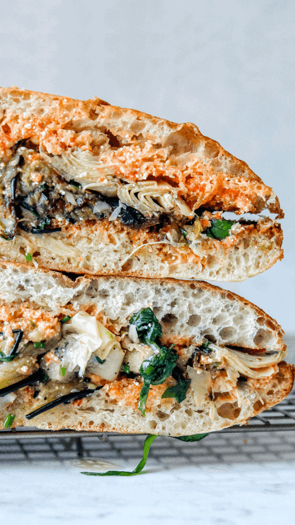 stacked roasted eggplant sandwich