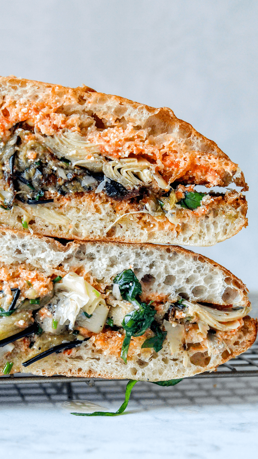 stacked roasted eggplant sandwich