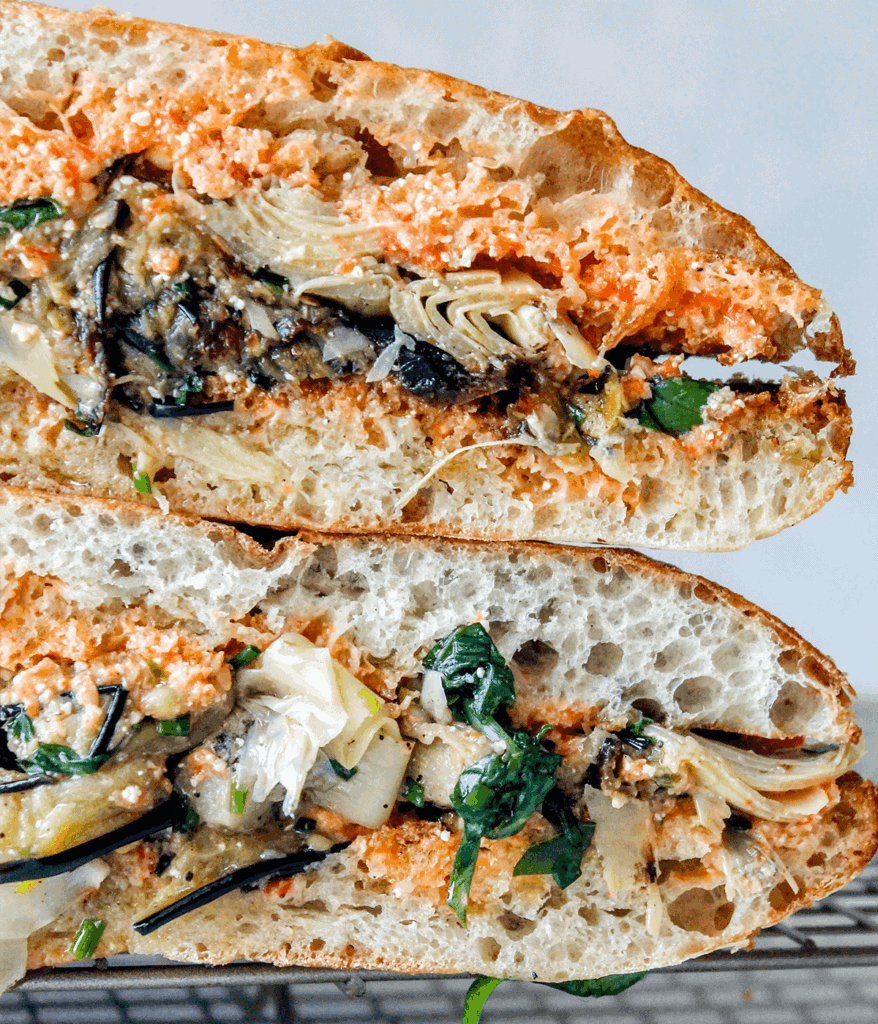 stacked roasted eggplant sandwich