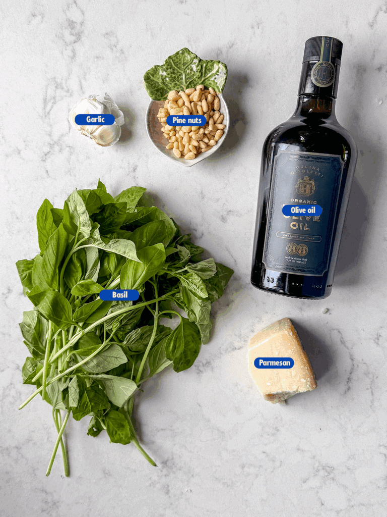 labeled ingredients for basil pesto