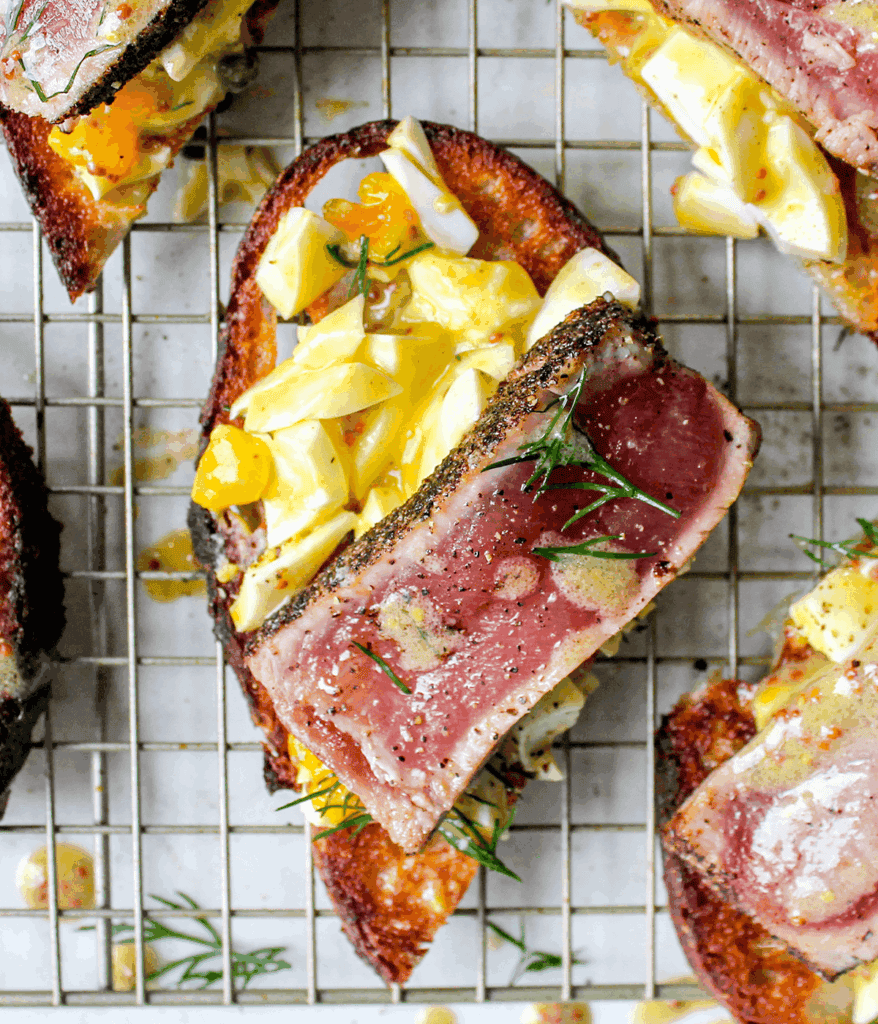 close up of tuna egg toasts