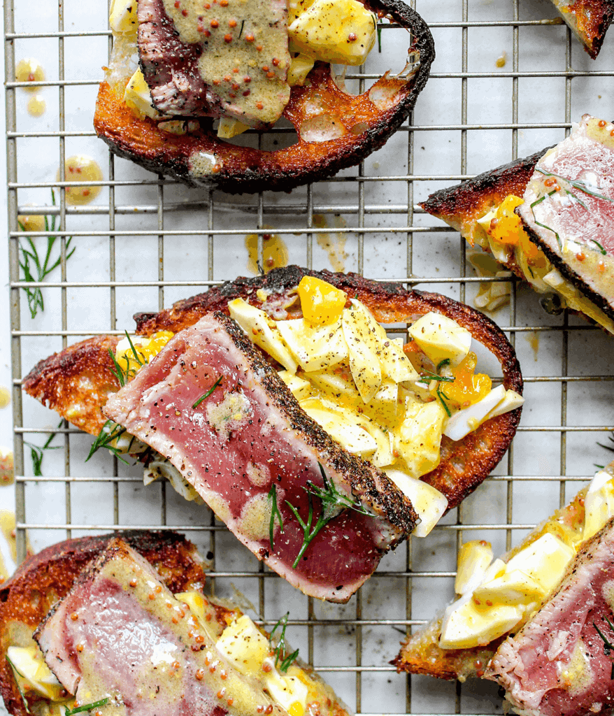close up of tuna egg toasts