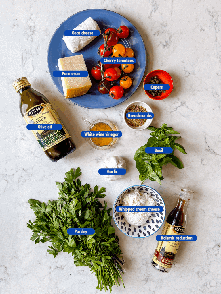 labeled ingredients for bruschetta dip