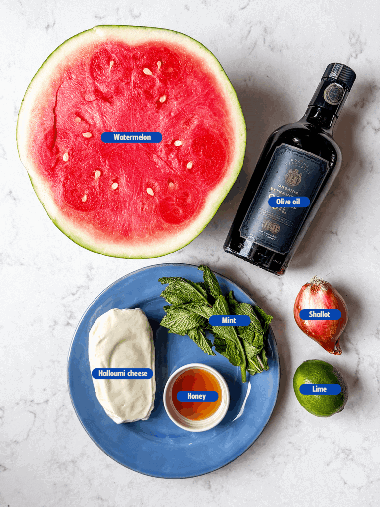 labeled ingredients for watermelon halloumi salad