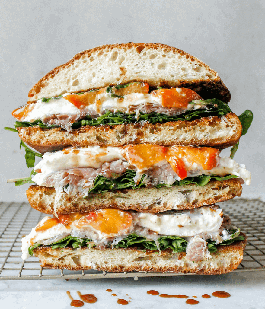 stack of peach and burrata sandwich