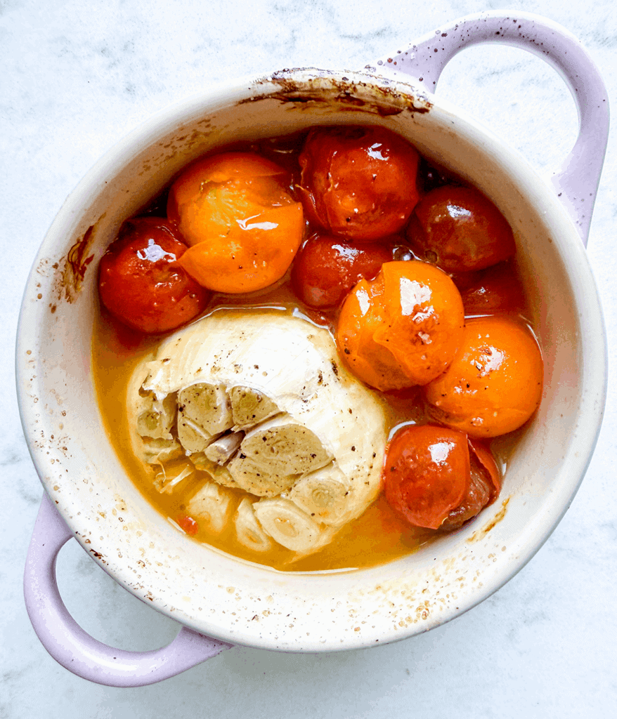 roasted tomatoes and garlic for green goddess blt