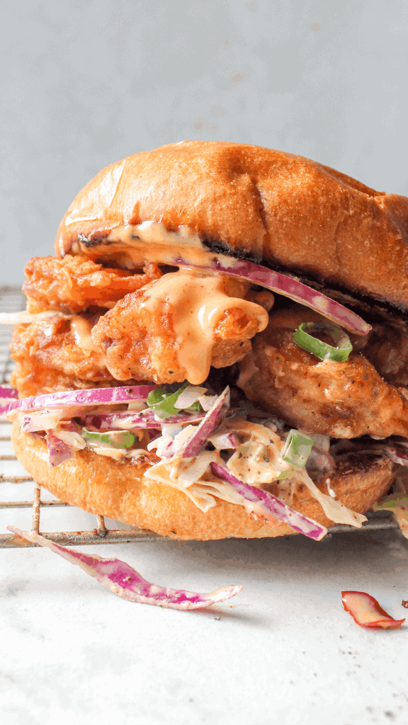 stacked fried shrimp sandwich